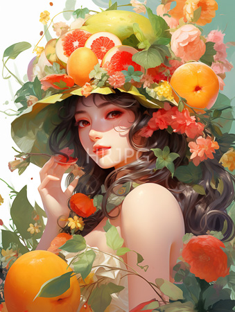 High Resolution: Ethereal fair-skinned woman wavy black hair wearing a vibrant floral hat adorned with oranges and flowers holds one orange download. | HRJPG.com