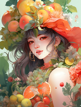 High Resolution: Ethereal fair-skinned woman wavy black hair and red eyes adorned in vibrant fruits like oranges lemons cherries on her head download. | HRJPG.com