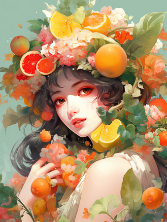 High Resolution: Ethereal young woman fair skin dark wavy hair adorned in vibrant floral crowns featuring oranges flowers green leaves download. | HRJPG.com