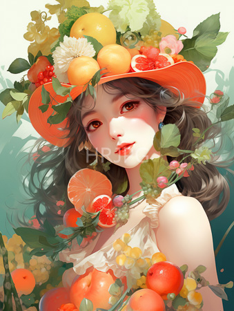 High Resolution: Ethereal young woman fair skin wavy brown hair adorned in vibrant fruits like oranges lemons grapes on her headwear download. | HRJPG.com