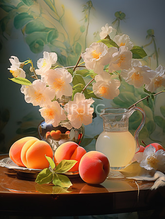 High Resolution: Elegant still life scene featuring white cherry blossoms in a glass vase peach-colored peaches on two plates green leaves scattered download. | HRJPG.com