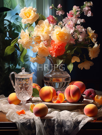 High Resolution: Elegant still life scene featuring vibrant peach flowers in clear glass vase surrounded by ripe peaches on silver tray download. | HRJPG.com