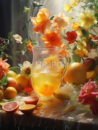 High Resolution: Elegant still life scene featuring a clear glass pitcher filled with yellow lemonade surrounded by vibrant orange pink flowers download. | HRJPG.com