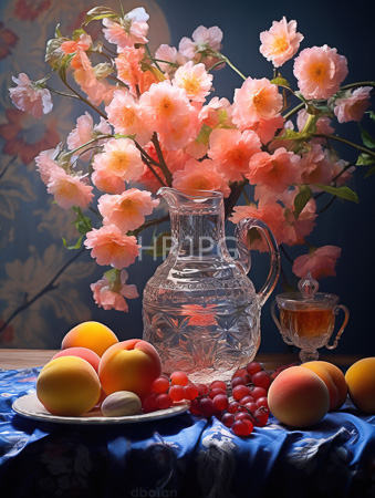 High Resolution: Elegant still life scene featuring a clear glass pitcher filled with pink cherry blossoms surrounded by ripe peaches and red grapes download. | HRJPG.com