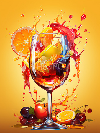 High Resolution: Elegant glass filled with vibrant colorful splashes and droplets resembling fruit juice in reds oranges yellows lemon slices download. | HRJPG.com
