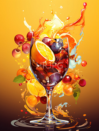 High Resolution: Elegant glass filled with colorful fruits including cherries and orange slices dynamic splash effect surrounds it against a gradient yellow-orange background download. | HRJPG.com