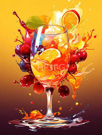 High Resolution: Elegant clear wine glass filled with vibrant orange liquid splashing around it against a gradient yellow-to-purple background floating slices download. | HRJPG.com