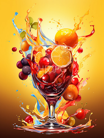 High Resolution: Elegant glass filled with colorful fruits including red cherries and orange slices splashes surround it against a vibrant yellow gradient background download. | HRJPG.com
