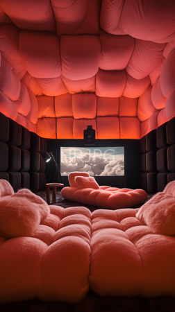 High Resolution: Opulent futuristic room with plush pink cushioned walls and ceiling forming quilt-like patterns two matching soft-pink cloud-shaped loungers download. | HRJPG.com