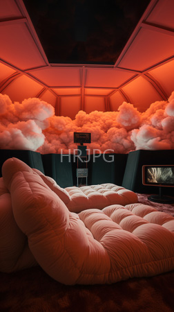 High Resolution: Surreal futuristic room with red-orange lighting and cloud-like textures on walls features plush white quilted bed black vertical panels download. | HRJPG.com