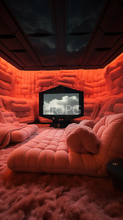 High Resolution: Intimate futuristic room with plush pink quilted seating and carpet covering most surfaces centered is a small black TV displaying cloudy skies download. | HRJPG.com