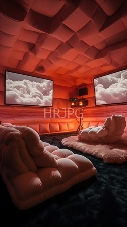 High Resolution: Intimate modern living room with textured red ceiling panels and warm orange lighting two plush beige sofas sit on dark blue carpeting download. | HRJPG.com
