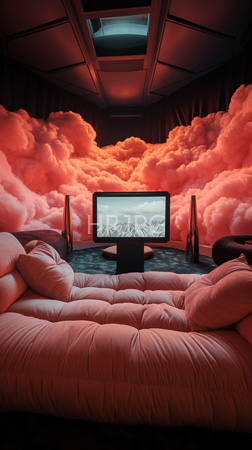 High Resolution: Surreal futuristic room with pink cloud-like wallpaper and soft lighting features plush beige seating in front centered around a flat-screen TV download. | HRJPG.com