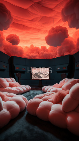 High Resolution: Immersive surreal room with pink cloud-shaped cushions arranged in two circular patterns on dark carpeting vibrant red orange clouds cover ceiling download. | HRJPG.com