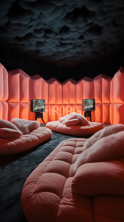 High Resolution: Avant-garde futuristic room with cloud-like textured ceiling and walls in dark gray hues illuminated by warm red lighting download. | HRJPG.com