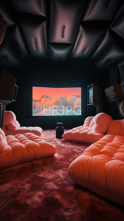 High Resolution: Intimate futuristic movie room with plush pink cushioned seating arranged in two facing groups on red carpeting large screen displaying vibrant clouds download. | HRJPG.com