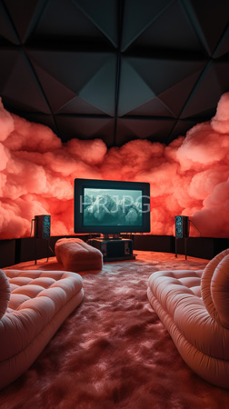 High Resolution: Avant-garde living room with red cloud-like textured walls and ceiling panels creating a surreal atmosphere centered is a flat-screen TV download. | HRJPG.com