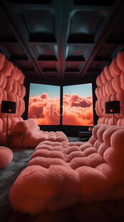 High Resolution: Avant-garde room featuring pink fluffy cloud-like textures covering walls and floor in soft waves two black lamps on either side download. | HRJPG.com