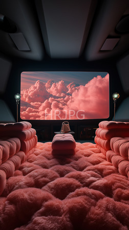 High Resolution: Opulent futuristic room with plush pink cloud-shaped seating and carpeting in soft hues creating a dreamy atmosphere centered is a small table download. | HRJPG.com