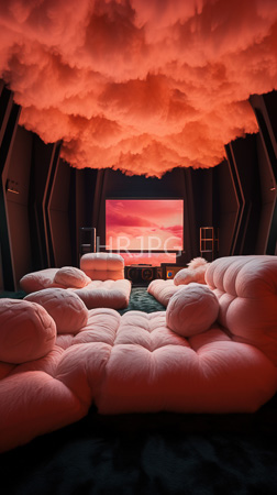 High Resolution: Interior space with pink cloud-like poufs arranged in concentric circles on dark carpeting ceiling filled with red orange clouds download. | HRJPG.com