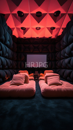 High Resolution: Upscale home theater with pink plush armchairs arranged in two rows facing forward on dark green carpeting geometric acoustic panels download. | HRJPG.com
