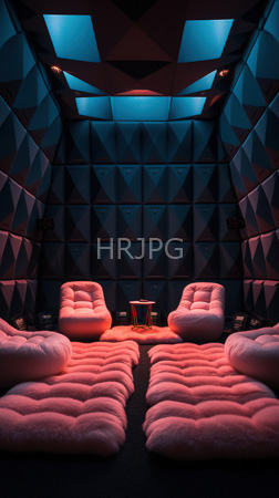High Resolution: Avant-garde geometrically-patterned room with dark blue black diamond-shaped walls illuminated by soft pink lighting two plush white armchairs download. | HRJPG.com