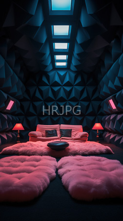 High Resolution: Avant-garde geometrically-patterned bedroom with dark blue black triangular walls illuminated by skylights above four small windows download. | HRJPG.com