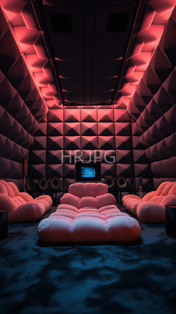 High Resolution: Upscale dim-lit recording studio with geometric-patterned black walls illuminated by red LED lighting plush pink leather couches download. | HRJPG.com