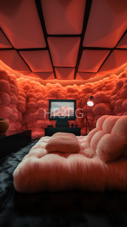 High Resolution: Intimate cozy room with pink cloud-like textured walls and ceiling panels illuminated by red lighting flat-screen TV on stand download. | HRJPG.com