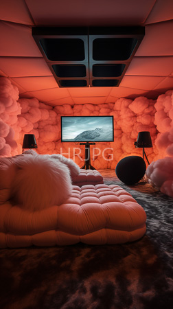 High Resolution: Avant-garde futuristic room with pink cloud-like textured walls and ceiling panels illuminated by warm red lighting flat-screen TV on stand download. | HRJPG.com