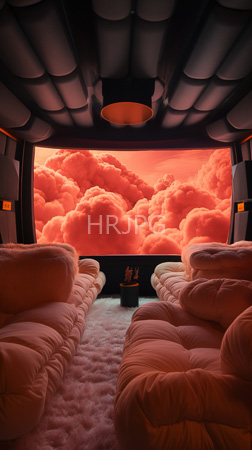 High Resolution: Interior with plush pinkish-beige cloud-shaped sofas and carpet on either side of a central path leading to two small statues download. | HRJPG.com