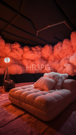 High Resolution: Intimate dim-lit room with red-orange cloud-like textured wallpaper and ceiling panels creating a dreamy atmosphere plush pink tufted chaise lounge download. | HRJPG.com