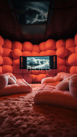 High Resolution: Intimate futuristic room orange quilted cushion walls matching plush seating soft carpeting central black-framed TV cloudy sky scene download. | HRJPG.com