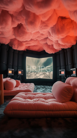High Resolution: Immersive futuristic room pink cloud-like ceiling walls three plush red tufted sofas facing large screen cloudy sky scene download. | HRJPG.com
