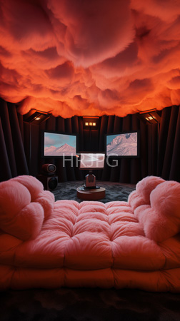 High Resolution: Intimate futuristic room pink plush heart-shaped sofa set two mountain-themed screens dark curtains ceiling red-orange cloud-like design download. | HRJPG.com