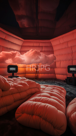 High Resolution: Immersive cloud-themed room padded orange walls ceiling resembling fluffy clouds red-orange hues soft lighting black CRT monitors cushioned seating download. | HRJPG.com