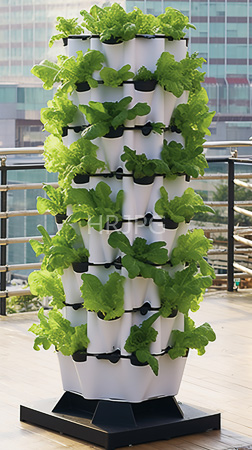 High Resolution: Outdoor vertical garden multiple layers lush green lettuce leaves growing white pots black supports modern urban architecture download. | HRJPG.com