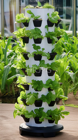 High Resolution: Outdoor garden scene white cylindrical pot rack black plastic pots vibrant green lettuce plants tiers lush leafy greens download. | HRJPG.com