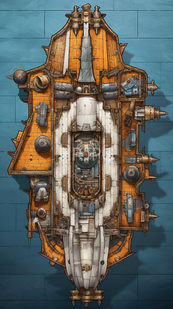 High Resolution: Intricate top-down view spaceship design orange white sections blue tiled background cylindrical tanks control panels metallic textures download. | HRJPG.com