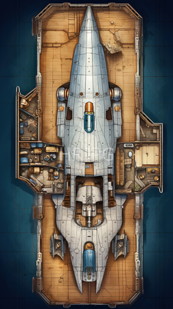 High Resolution: Detailed top-down illustration intricately designed spaceship docked in its hangar bay wooden flooring blue grid lines cockpit canopies download. | HRJPG.com