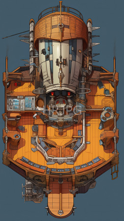 High Resolution: Intricate futuristic spaceship viewed from above solid blue background orange white cylindrical sections mechanical details screens displaying data download. | HRJPG.com