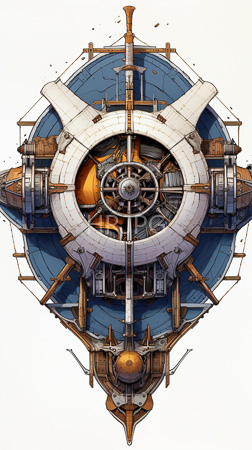 High Resolution: Intricate futuristic spacecraft viewed from above center symmetrical blue circular plates white radial segments intersecting at central gears download. | HRJPG.com