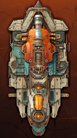 High Resolution: Intricate symmetrical sci-fi spaceship viewed from above cracked brown background vibrant orange teal panels metallic textures glowing yellow lights download. | HRJPG.com