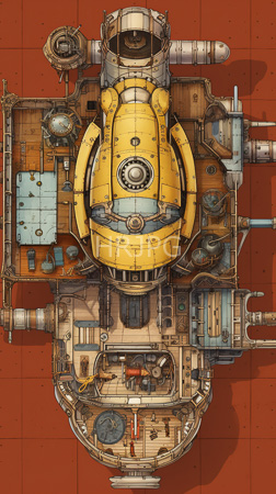 High Resolution: Intricate futuristic spacecraft viewed from above top-down perspective rust-red background with grid lines yellow blue cylindrical sections download. | HRJPG.com