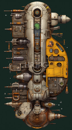 High Resolution: Intricate futuristic vertically-oriented spaceship viewed from above dark green background mechanical components and modules gray yellow-orange brown metallic textures download. | HRJPG.com