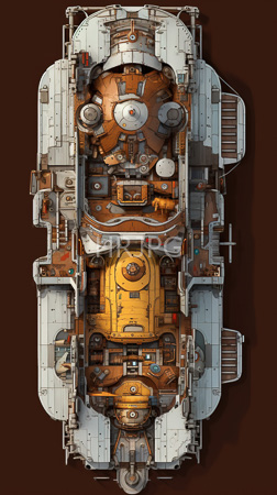 High Resolution: Detailed top-down illustration intricately designed spaceship's interior from above rusted copper yellow central modules mechanical components levers download. | HRJPG.com