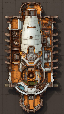 High Resolution: Top-down illustration intricate futuristic spacecraft viewed from above on dark gray tiles orange white metallic textures mechanical components download. | HRJPG.com