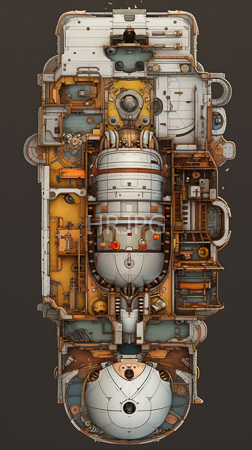 High Resolution: Intricate top-down illustration futuristic spaceship's interior detailed mechanical structural elements white orange-brown metal textures cylindrical components download. | HRJPG.com