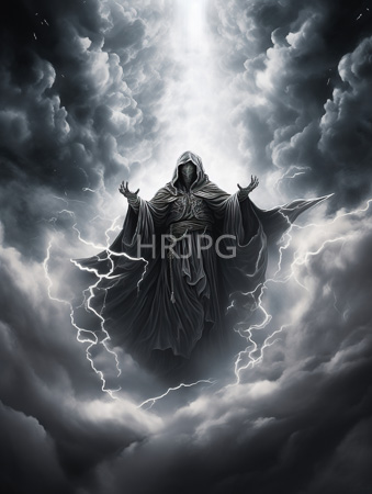 High Resolution: Ominous hooded figure dark robes outstretched arms standing amidst swirling clouds illuminated by lightning bolts grayscale tones download. | HRJPG.com