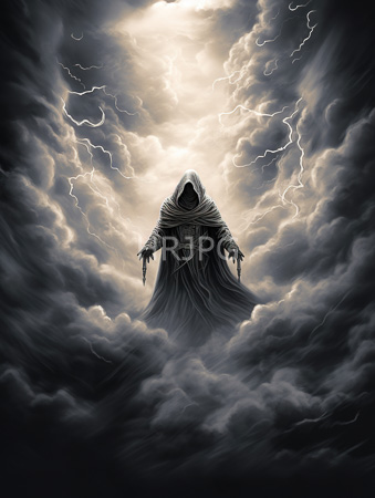 High Resolution: Ominous hooded figure long sleeves tattered robes standing in dark clouds illuminated by lightning bolts from above download. | HRJPG.com
